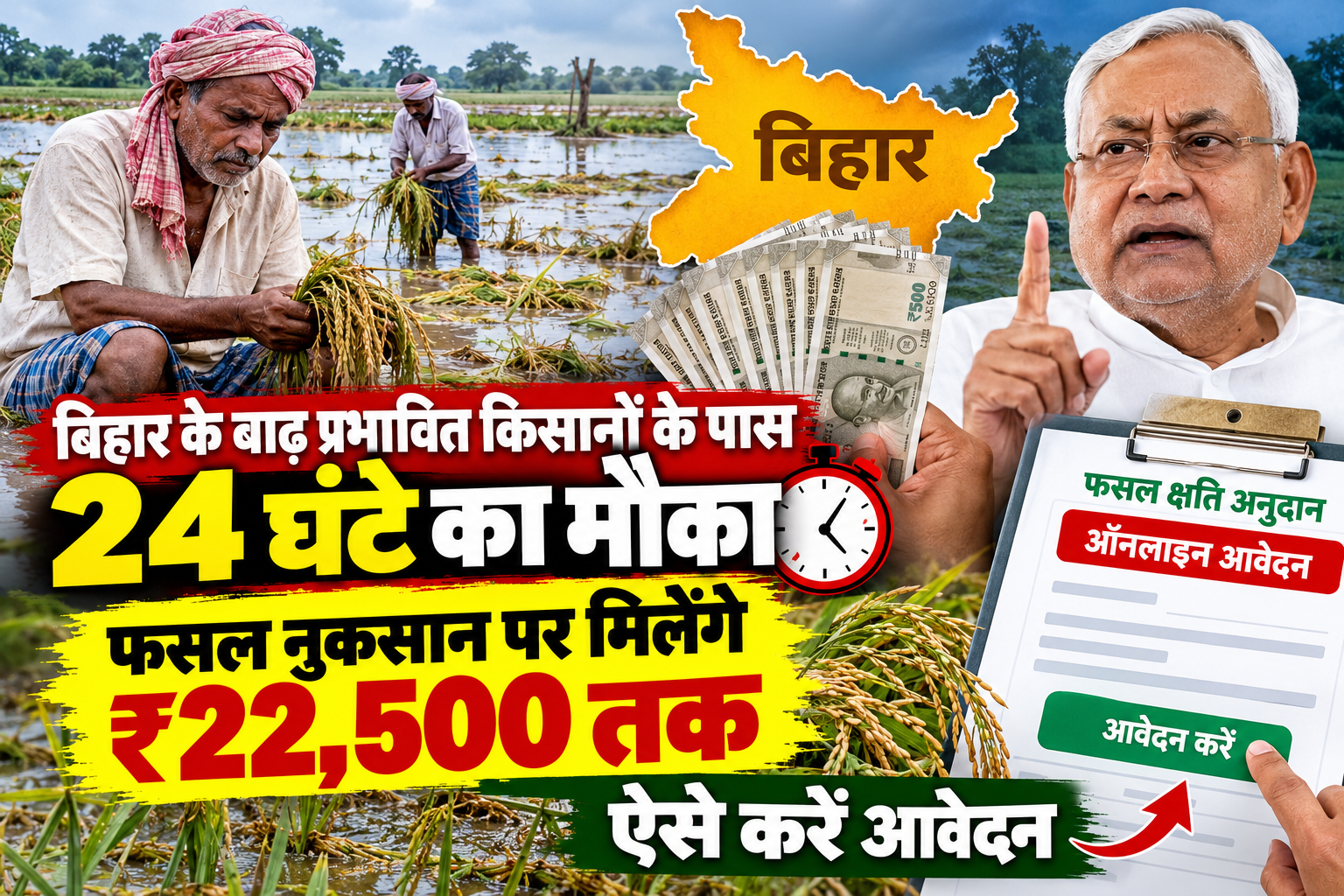 बिहार के बाढ़ प्रभावित किसानों के पास 24 घंटे का मौका, फसल नुकसान पर मिलेंगे ₹22,500 तक; ऐसे करें आवेदन