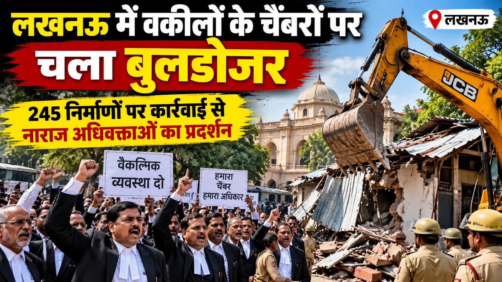 लखनऊ में वकीलों के चैंबरों पर चला बुलडोजर, 245 निर्माणों पर कार्रवाई से नाराज अधिवक्ताओं का प्रदर्शन
